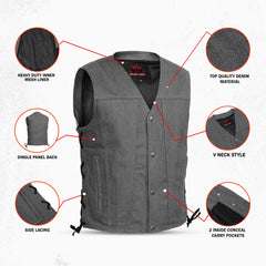 Men's Rough Rub-Off Raw Finish Broken Gray Denim Vest