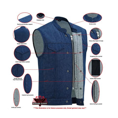 Men's Blue Rough Rub-Off Raw Finish Denim Vest