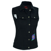 Women's Black Denim Snap Front Vest with Purple Daisy