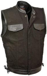 Milwaukee Leather MDM3011 Men's Black 'Hidden Zipper' Side Lace Motorcycle Rider Denim Vest with Leather Trim