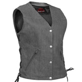 Women's Rough Rub-Off Raw Finish Broken Gray Denim Vest