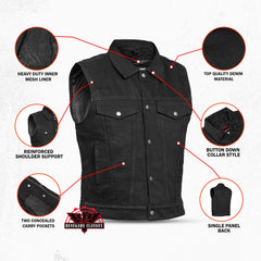 Snap Front Men's Denim Motorcycle Vest - Black