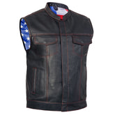 Men's's Leather Motorcycle Vest with Scoop Collar & USA Flag