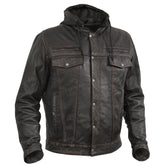 Men's Black Lightweight Drum Dyed Distressed Lambskin Jacket with Removable Hoodie