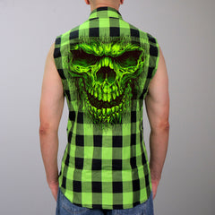 Hot Leathers GMS3492 Men's Black and Green Shredder Skull Sleeveles Flannel Shirt