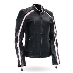 Hot Leathers JKL1022 Pink Striped Motorcycle Leather Biker Jacket with Reflective Piping