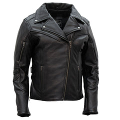 Hot Leathers JKL1034 Ladies Biker Black Leather Motorcycle Jacket with Plaid Flannel Lining