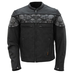 Hot Leathers JKM2002 Men's Black Biker ‘Reflective Skull' Printed Leather Motorcycle Jacket with Concealed Carry Pockets