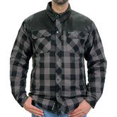 Hot Leathers JKM3203 Men's Motorcycle style Grey and Black Reinforced Leather and Plaid Flannel Biker Shirt