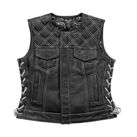 FIL588CDM5X-BLKWH-Bonnie - Women's Motorcycle Leather Vest - Diamond Quilt