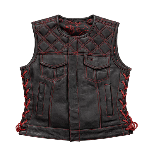 FIL588CDM-BLKRD-Bonnie - Women's Motorcycle Leather Vest - Diamond Quilt
