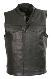 Club Vest CVM3710 Men's Leather Black Open Neck Vest with Snap and Zip Front Closure
