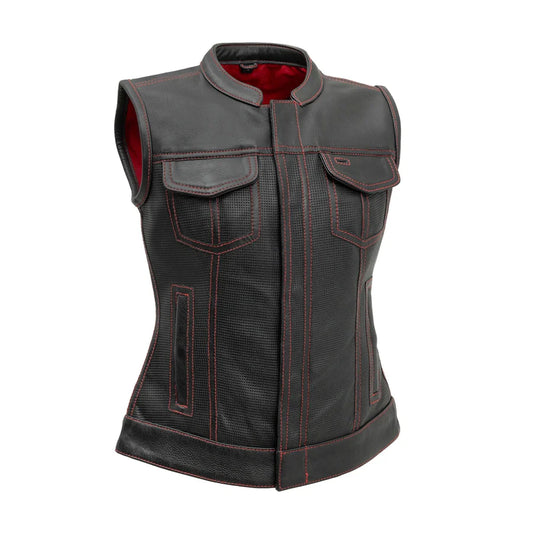 FIL027PERF-BLKRD-Jessica Perforated Women's Motorcycle Leather Vest