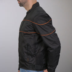 Hot Leathers JKM1026 Men's Black Motorcycle style Nylon Biker Jacket with Orange Reflective Trim