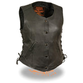 Milwaukee Leather LKL4700 Women's Black Premium Leather Side Laced Motorcycle Biker Riders Vest with Snap Closure