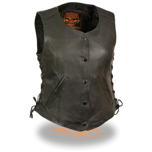 Milwaukee Leather LKL4700 Women's Black Premium Leather Side Laced Motorcycle Biker Riders Vest w/ Snap Closure