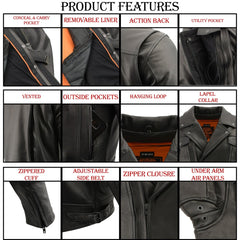 Milwaukee Leather LKM1720T Men's Tall Sizes Black Premium Leather Motorcycle Vented Leather Jacket with Utility Pockets