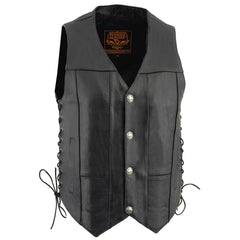 Milwaukee Leather LKM3701 Men's Black Leather Classic V-Neck Motorcycle Rider Vest with Buffalo Snaps and Side Laces