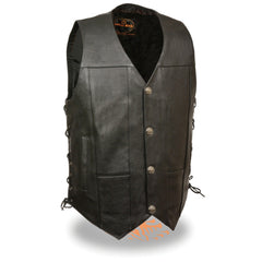 Milwaukee Leather LKM3701 Men's Black Leather Classic V-Neck Motorcycle Rider Vest with Buffalo Snaps and Side Laces