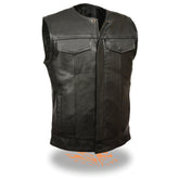 Milwaukee Leather LKM3711 Men's Black Leather Collarless Club Style Motorcycle Rider Vest with Dual Front Closure