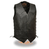 Milwaukee Leather LKM3731 Men's Black Leather Classic Side Lace V-Neck Motorcycle Rider Vest with Front Snap Closure