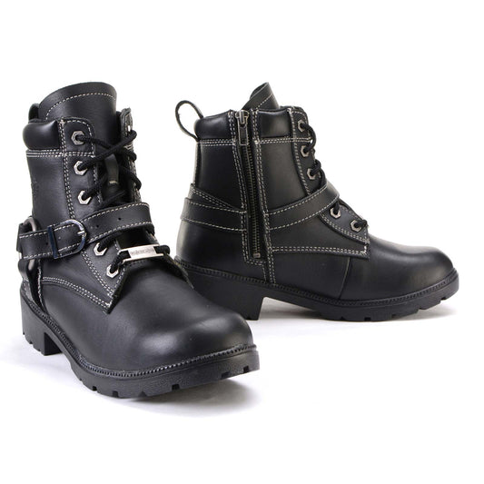 Milwaukee Leather MBL9312 Women's Black Leather Lace-Up 7-Inch Motorcycle Rider Boots w/ Buckle
