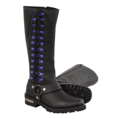Milwaukee Leather Women's Black 14-inch Leather Harness Motorcycle Boots with Purple Accent Lacing MBL9366