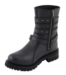 Milwaukee Leather MBL9399 Women's 9-Inch Triple Buckle Black Leather Harness Biker Boots with Side Zipper
