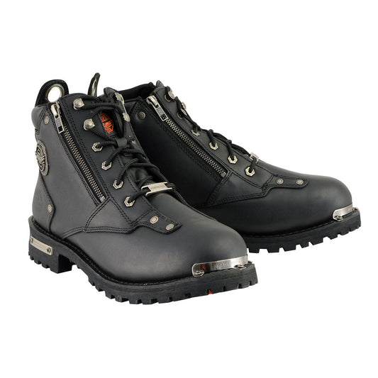 Milwaukee Leather MBM103W Men's Black Leather Lace-Up 'Wide-Width' Biker Boots w/ DualSide Zipper Entry