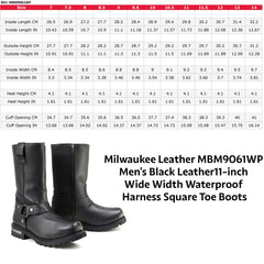 Milwaukee Leather Men's Black Waterproof Boots 11-inch Wide Width Square Toe with Harness and Zipper MBM9061WP