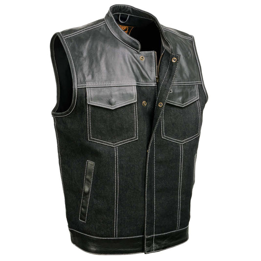 Milwaukee Leather MDM3006 Men's 'Brute' Concealed Snap Black Denim and Black Leather Club Style Vest w/ Hidden Zipper