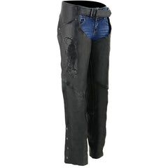 Milwaukee Leather Women's Classic Black Premium Leather Motorcycle Chaps with Black Wing Embroidery-ML1179
