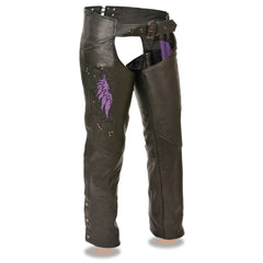 Milwaukee Leather Women's Classic Black Premium Leather Motorcycle Chaps with Purple Wing Embroidery-ML1179