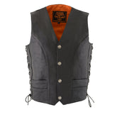 Milwaukee Leather ML1369 Men's Black Premium Leather Side Lace Motorcycle Rider Vest with Buffalo Nickel Snaps Closure