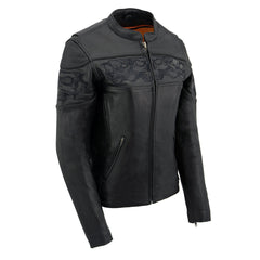 Milwaukee Leather MLL2540 Women's Crossover Black Leather Scooter Jacket with Reflective Skull Graphic