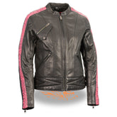 Milwaukee Leather MLL2571 Women's Black and Pink 'Crinkled Arm' Lightweight Racer Jacket
