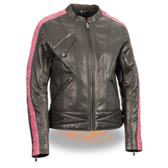 Milwaukee Leather MLL2571 Women's Black and Pink 'Crinkled Arm' Lightweight Racer Jacket