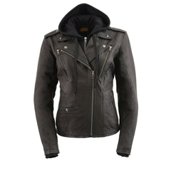 Milwaukee Leather MLL2575 Women's Black Leather Vented Motorcycle Jacket with Removable Hoodie