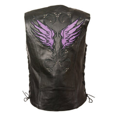 Milwaukee Leather MLL4505 Women's Black Leather Side Lace Motorcycle Rider Vest-Reflective and Studded Purple Wings