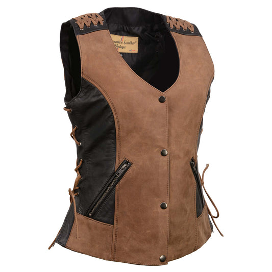 Milwaukee Leather MLL4509 Women's 'Smoocher' 2-Tone Crazy Horse Brown/Black Leather Club Style Motorcycle Vest