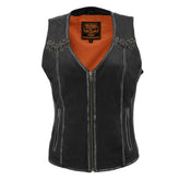 Milwaukee Leather MLL4526 Women's Distress Grey Leather Motorcycle Rider Vest- Stretch Side Panel with Lacing Detail