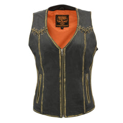 Milwaukee Leather MLL4527 Women's Stretch Side Panel Distress Brown Leather Motorcycle Rider Vest with Lacing Detail