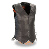 Milwaukee Leather MLL4546 Women's Black Premium Leather Lightweight V-Neck Motorcycle Rider Vest with Side Laces