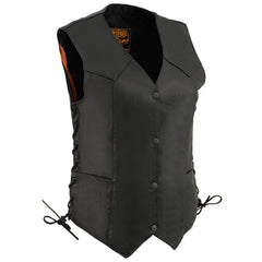 Milwaukee Leather MLL4546 Women's Black Premium Leather Lightweight V-Neck Motorcycle Rider Vest with Side Laces