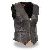 Milwaukee Leather MLL4550 Women's Black Premium Leather Classic Braided Deep V-Neck Motorcycle Rider Vest with Front Zip
