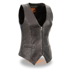 Milwaukee Leather MLL4555 Women's Black Premium Leather Zipper Closure Motorcycle Rider Vest with Stretch Side Panel