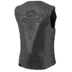 Milwaukee Leather MLL4570 Women's Studded Phoenix Black Leather Motorcycle Biker Vest with Embroidery Art
