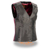 Milwaukee Leather MLL4570 Women's Studded Phoenix Black/Fuchsia Leather Motorcycle Vest with Embroidery Art