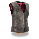 Milwaukee Leather MLL4571 Women's Black and Pink Lightweight Motorcycle Leather Vest with Crinkled Leather Design