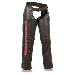 Milwaukee Leather Women's Black and Fuchsia Leather Hip Set Chaps with Crinkled Leg Striping MLL6500